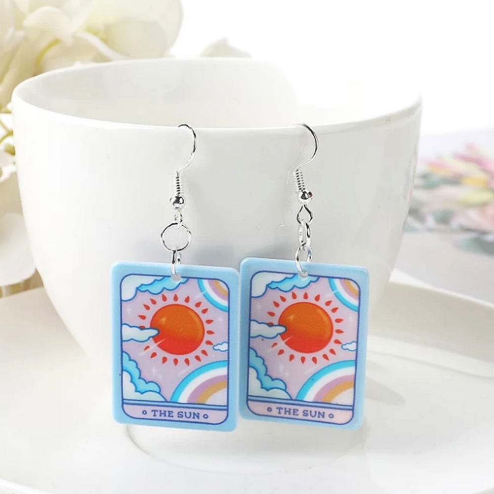 The Sun Tarot Card Earrings - Blue